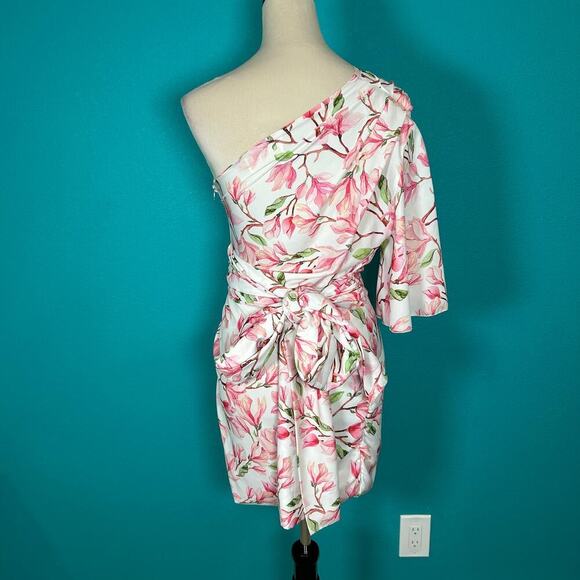 Bronx and Banco Layla Mini Dress Pink Floral One Shoulder Ruched Party Sz XS - Picture 4 of 7
